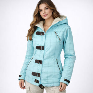 Burton XS Aqua Hooded Quilted Snowboard Jacket Faux Fur Lining Utility Buckle
